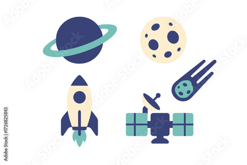 Colorful space-themed illustrations of planets, rockets, and a satellite capturing the essence of outer space exploration and excitement
