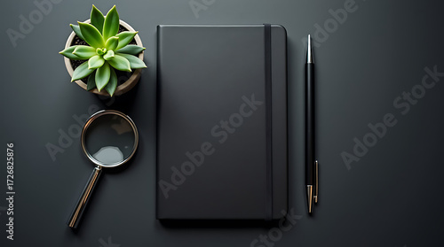 Black notebook magnifying glass and succulent plant arranged on a dark desk with a pen graphic