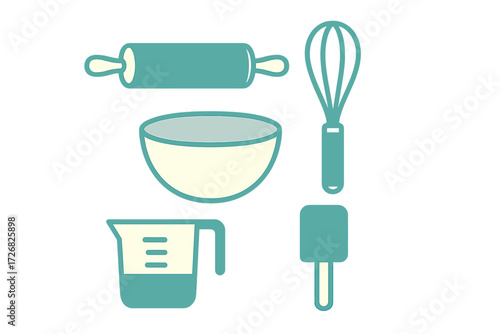 Kitchen tools arranged in a simple design featuring a bowl, whisk, rolling pin, measuring cup, and spatula for cooking