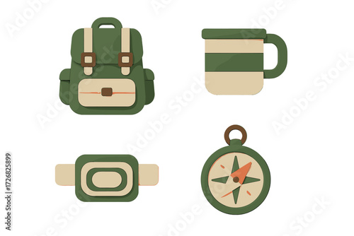 Stylish green and beige camping gear including backpack, mug, compass, and accessory pouch for outdoor adventures