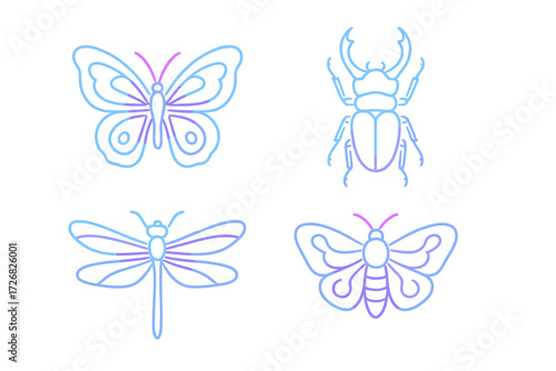 Colorful outlines of insects including butterflies, beetles, and dragonflies in soft pastel hues