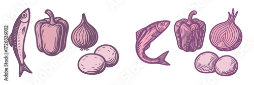 Colorful array of fish and vegetables arranged artfully on a light background showcasing fresh ingredients for cooking