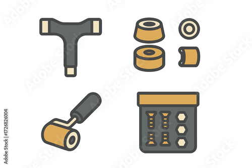 Tool set for home repair including roller, spacers, and a t-shaped tool displayed on a flat surface