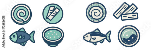 Different types of sushi ingredients and rolls displayed in a simple, colorful design on a clean background