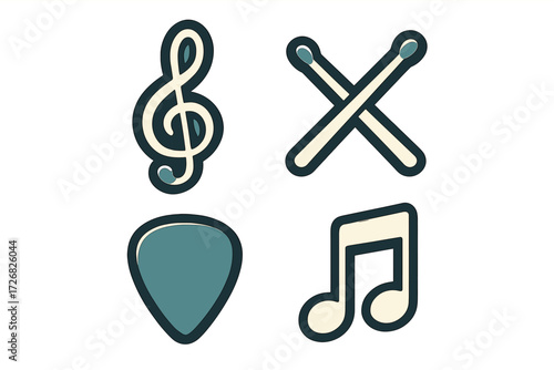 Musical icons featuring a treble clef, drumsticks, a guitar pick, and a musical note in a minimal design