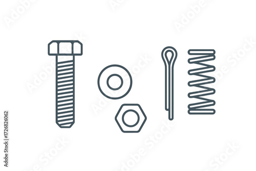 Various fasteners including a bolt, nut, washer, cotter pin, and spring on a plain background