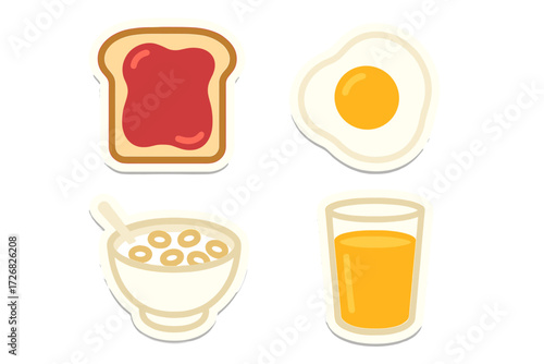Breakfast items including toast with jam, fried egg, cereal bowl, and glass of orange juice on a simple background