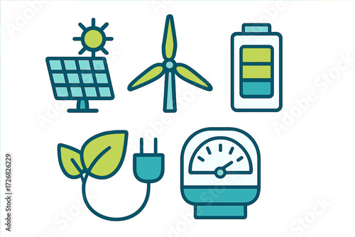 Renewable energy symbols showcasing solar, wind, battery, and energy efficiency concepts in a clean design