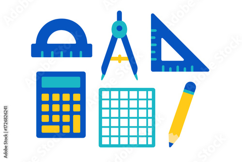 Colorful school supplies and tools used for math and geometry tasks at a classroom desk