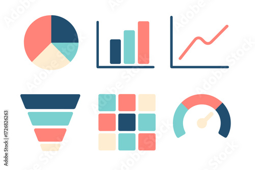 Colorful data visualization elements including pie charts, bar graphs, and line graphs are perfect for presentations and reports in business