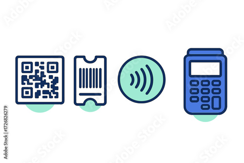 Various digital payment methods and ticketing options displayed on a simple background