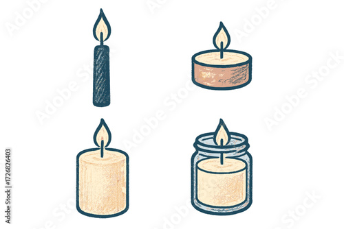 Various types of candles including pillar candles, tealights, and jar candles in a simple design