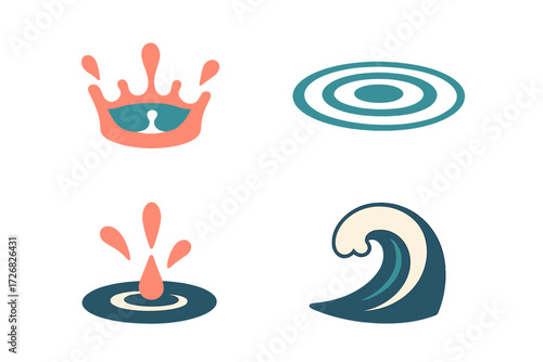 Abstract water symbols representing splash, ripple, droplet, and wave designs in a vibrant and modern style