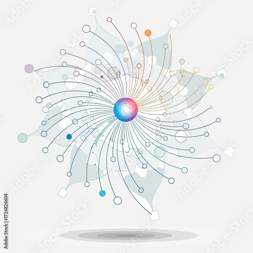 Abstract Digital Network Connection with Radial Lines and Central Sphere Representing Global Data Flow, Technology, and Seamless Interactivity