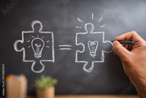Hand-drawn chalk puzzle pieces, lightbulb, and equal sign on a chalkboard