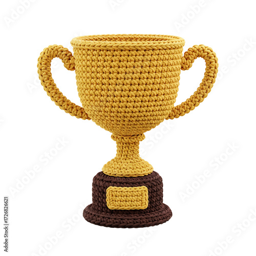 Handcrafted golden crochet trophy with festive colored ribbons and detailed base symbolizing achievement and celebration