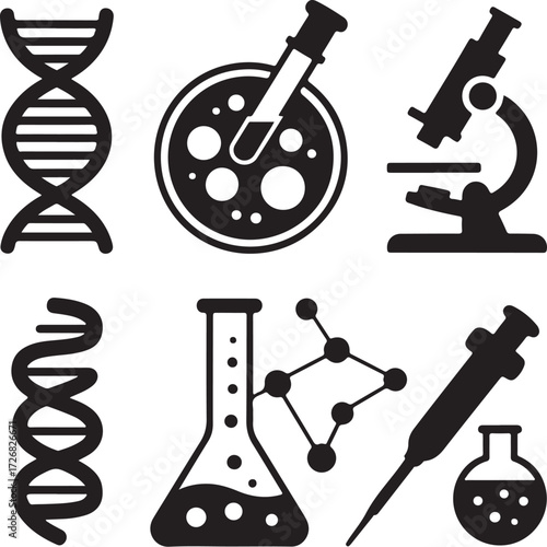 Science icons DNA microscope lab flasks molecules research