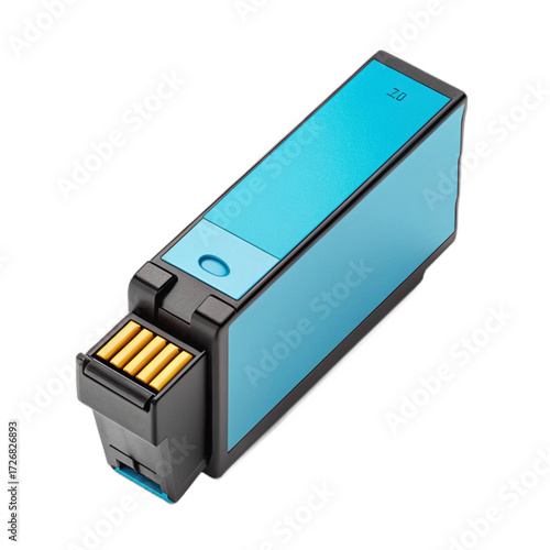 A cyan printer ink cartridge isolated on transparent background, ready for use