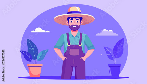 Smiling Farmer Vector Illustration A Happy Gardener in a Straw Hat, Posing with Confidence