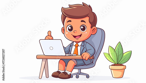 Cheerful Cartoon Boy Working on Laptop with Thumbs Up, Cute Office Illustration