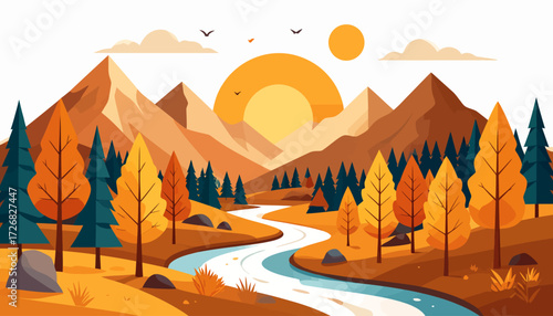 Scenic Autumn Landscape with Mountains, River, and Trees Under a Golden Sun