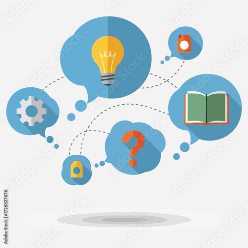 Creative Ideas Illustration of Thought Bubbles with Light Bulb, Book, and Gears on White