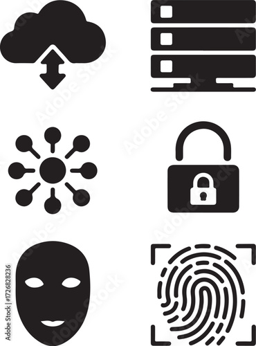 Digital security icons cloud server lock fingerprint mask network