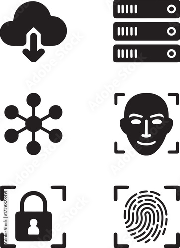 Secure digital data cloud network server biometric scan icons