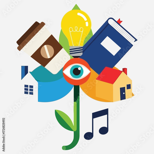 Creative Concepts Coffee, Book, and Lightbulb Blossoming into Ideas, Illustrative Design
