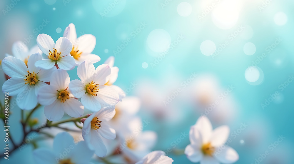 Obraz premium Close-up of White Cherry Blossoms with Soft Blue Bokeh and Sun Flare spring flower