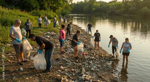 Group of Diverse People Cleaning Riverbank in Sunny Outdoor Environment