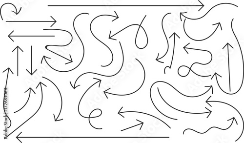 A collection of handdrawn arrows in various shapes and sizes, isolated on a white background, indicating direction and movement