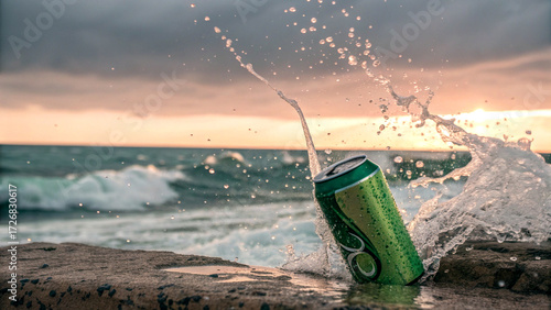 Green beverage can in motion with splashing water and ocean backdrop