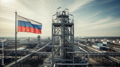 Industrial Oil Refinery Plant with Russian Flag Waving Near Pipeline Structures