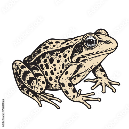 Vector depiction shows a frog with detailed textures, rendered in brown and black colors, capturing realism, simplicity, and natural environmental aesthetic style.
