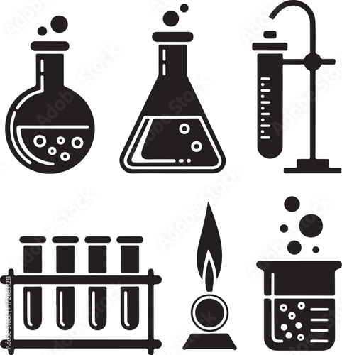 Science lab equipment icons for research and discovery