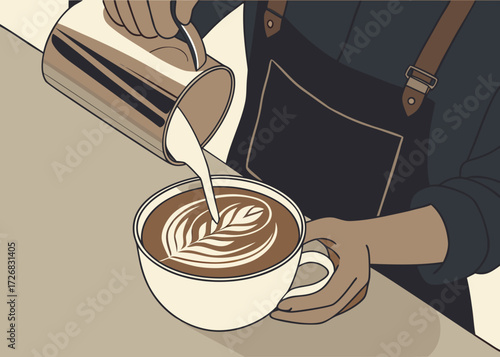 Barista creating latte art with milk pour
