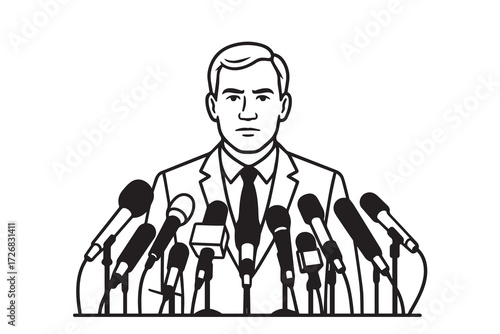 Vector representation shows a man during a press conference, surrounded by microphones, presented in black and white with distinct black outlines.