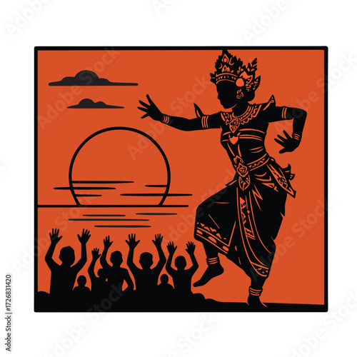 Elegant vector design of Kecak dancers at orange sunset in Bali, Indonesia, highlighting traditional performance, sacred energy, and dramatic tropical scenery.