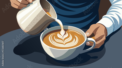 Barista artfully creates latte art in a white mug