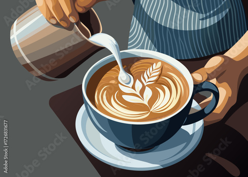 Barista artfully creates latte art in coffee cup