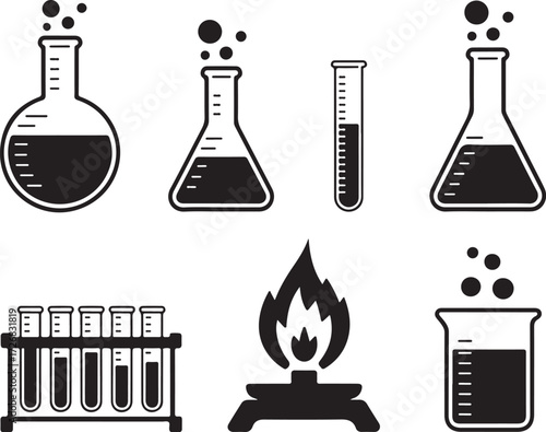 Science lab equipment, beakers, test tubes, burner