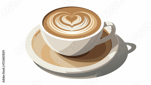 Latte art in a white cup on a saucer