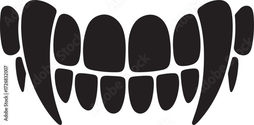Stylized black vampire fangs and teeth on a gray background