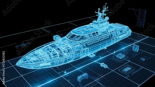 Blueprint of a luxury yacht, showing internal structure and details