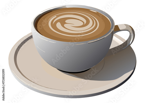 A delicious latte with swirl art on a white saucer