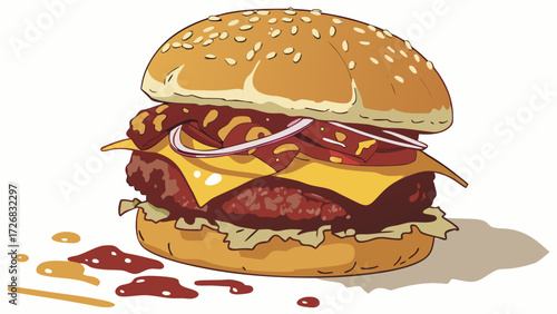 Delicious double cheeseburger with bacon and red onion