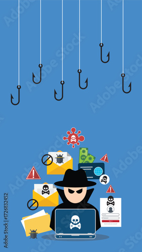 Hacker with laptop computer stealing confidential data, personal information and credit card detail. Hacking concept.	