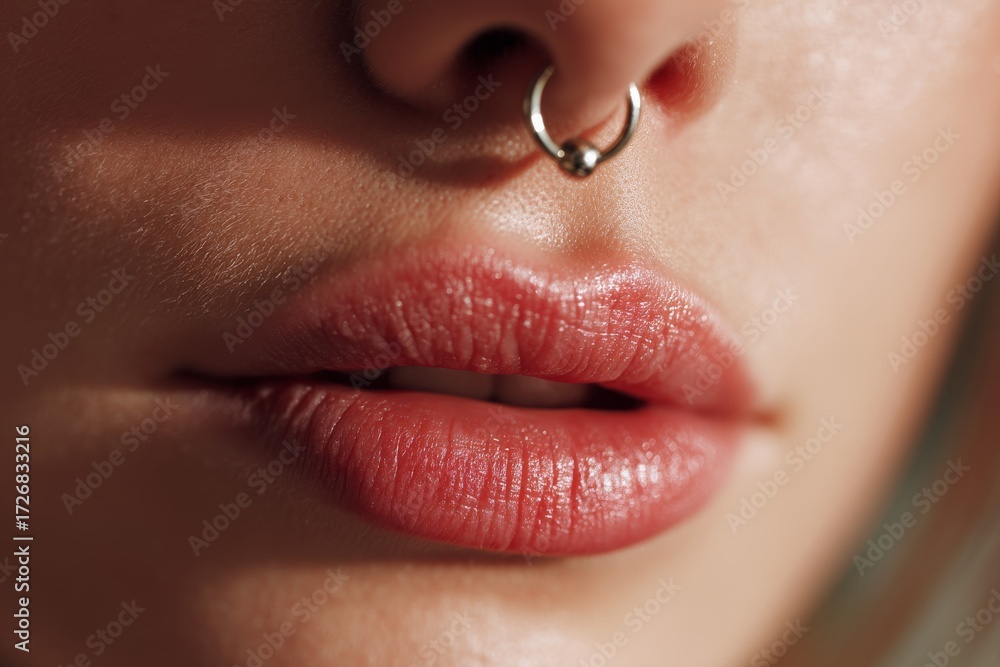Obraz premium Close-up view of lips adorned with a nose ring in soft lighting showcasing a beauty aesthetic