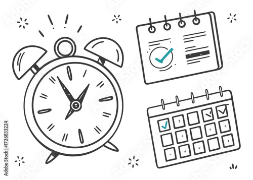 Doodle alarm clock and calendars with checkmarks symbolizing planning and time management